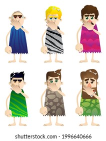 Cartoon prehistoric man holding his nose because of a bad smell. Vector illustration of a man from the stone age.