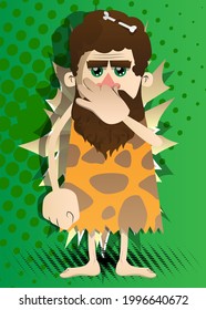 Cartoon prehistoric man holding his nose because of a bad smell. Vector illustration of a man from the stone age.