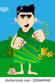 Cartoon prehistoric man holding his fists in front of him ready to fight. Vector illustration of a man from the stone age.