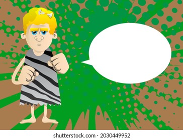 Cartoon prehistoric man holding his fists in front of him ready to fight. Vector illustration of a man from the stone age.