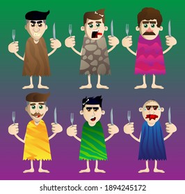 Cartoon prehistoric man holding up a knife and fork. Vector illustration of a man from the stone age.