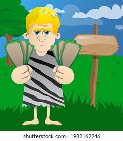 Cartoon prehistoric man holding or showing money bills. Vector illustration of a man from the stone age. Rich male cartoon character.