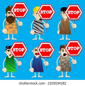 Cartoon prehistoric man holding a stop sign. Vector illustration of a man from the stone age.