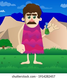 Cartoon prehistoric man holding a test tube. Vector illustration of a man from the stone age.