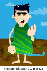 Cartoon prehistoric man with inviting hand sign, to come here expression. Vector illustration of a man from the stone age.