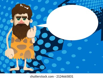 Cartoon prehistoric man with inviting hand sign, to come here expression. Vector illustration of a man from the stone age.