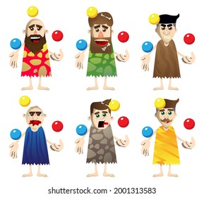 Cartoon prehistoric man as a juggler from the circus. Vector illustration of a man from the stone age.