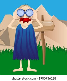 Cartoon prehistoric man looking through binoculars. Vector illustration of a man from the stone age.