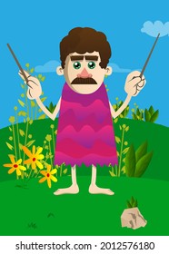 Cartoon prehistoric man as an orchestra conductor. Vector illustration of a man from the stone age.