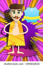 Cartoon prehistoric man with praying hands. Vector illustration of a man from the stone age.