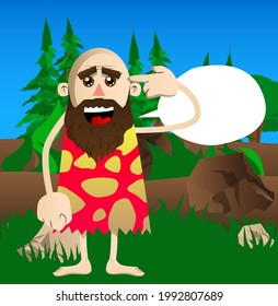 Cartoon prehistoric man putting an imaginary gun to his head. Vector illustration of a man from the stone age.