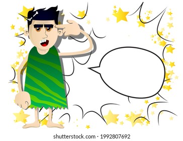 Cartoon prehistoric man putting an imaginary gun to his head. Vector illustration of a man from the stone age.