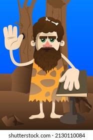 Cartoon prehistoric man raising his hand and put the other on a holy book. Vector illustration of a man from the stone age.