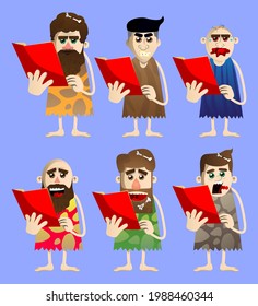 Cartoon prehistoric man reading a book, holding a journal, magazine, brochure in his hand. Vector illustration of a man from the stone age.