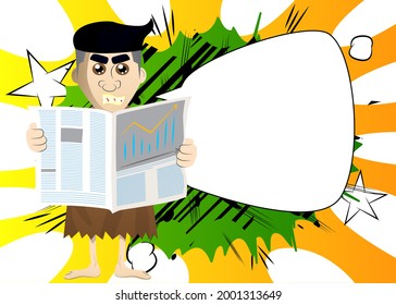 Cartoon prehistoric man reading newspaper. Vector illustration of a man from the stone age.