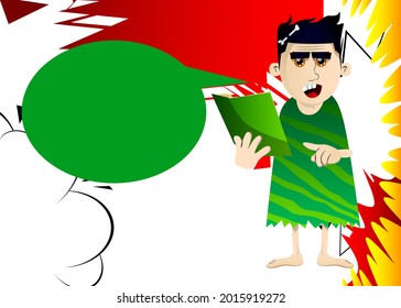 Cartoon prehistoric man reading and pointing at an opened book. Vector illustration of a man from the stone age.