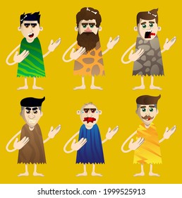 Cartoon prehistoric man showing something with both hands, powerful hand gesture. Vector illustration of a man from the stone age.