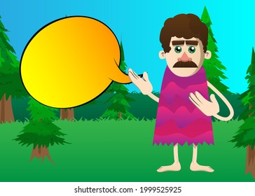 Cartoon prehistoric man showing something with both hands, powerful hand gesture. Vector illustration of a man from the stone age.