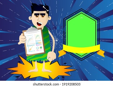 Cartoon prehistoric man shows finance report. Vector illustration of a man from the stone age.
