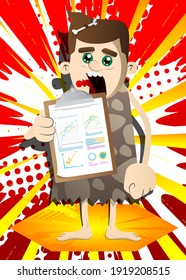 Cartoon prehistoric man shows finance report. Vector illustration of a man from the stone age.