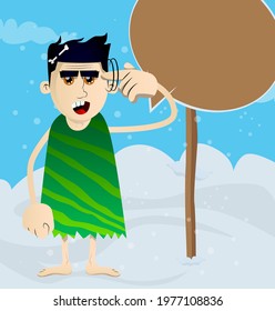 Cartoon prehistoric man shows a you're nuts gesture by twisting his finger around his temple. Vector illustration of a man from the stone age.
