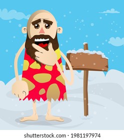 Cartoon prehistoric man thinking. Vector illustration of a man from the stone age.