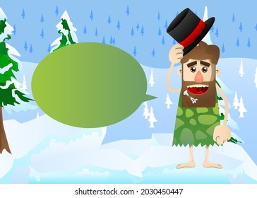 Cartoon prehistoric man tipping his hat. Vector illustration of a man from the stone age.