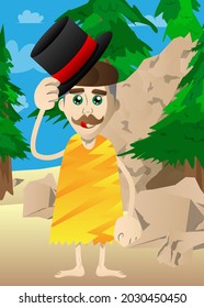 Cartoon prehistoric man tipping his hat. Vector illustration of a man from the stone age.