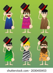 Cartoon prehistoric man tipping his hat. Vector illustration of a man from the stone age.