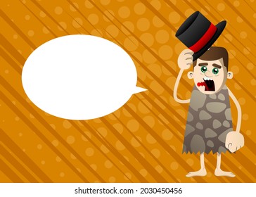 Cartoon prehistoric man tipping his hat. Vector illustration of a man from the stone age.