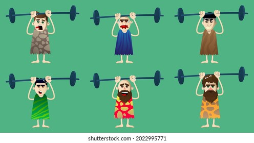 Cartoon prehistoric man as a weightlifter lifting barbell. Vector illustration of a man from the stone age.

