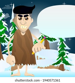 Cartoon prehistoric man writing with pencil. Vector illustration of a man from the stone age.