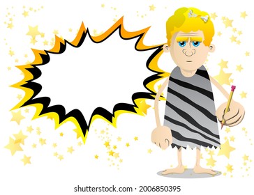 Cartoon prehistoric man writing with pencil. Vector illustration of a man from the stone age.
