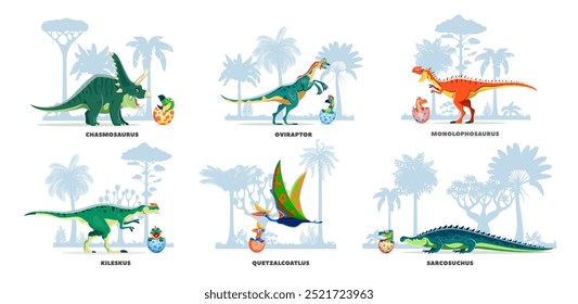 Dibujos animados de dinosaurio madre prehistórico con huevos de dinosaurio. Adorables mamás dino con sus bebés que eclosionan de la cáscara de huevo. Vector Padres de reptiles juguetones y cariñosos que muestran una variedad de especies de dinosaurios