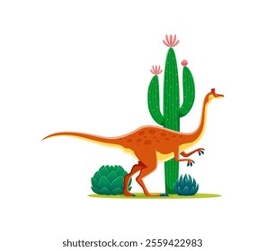 Cartoon prehistoric pelicanimimus dinosaur character. Isolated vector genus of theropod dino from the Early Cretaceous period. Ancient reptile animal with spots standing near a large flowering cactus