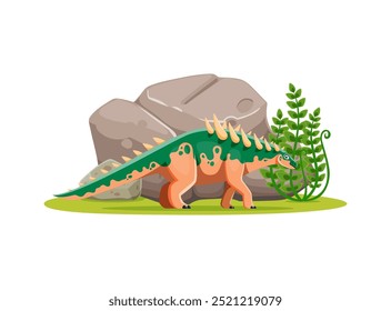 Cartoon prehistoric polacanthus dinosaur character. Isolated vector armored, spiked ankylosaurian dino hiding behind lush greenery and rocks. Ancient herbivore reptile animal of Early Cretaceous era