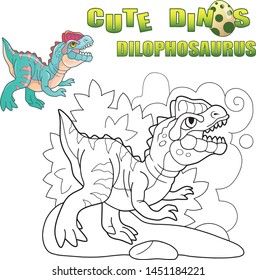 cartoon prehistoric predatory dinosaur Dilophosaurus, funny illustration