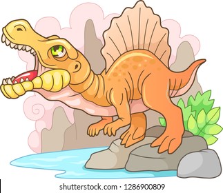 Cartoon prehistoric predatory dinosaur Spinosaurus, funny illustration