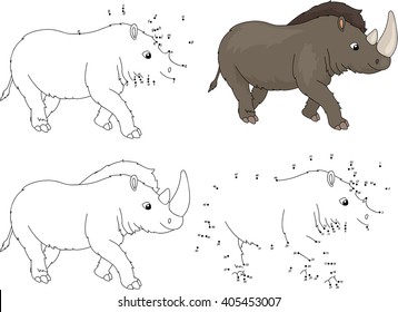 Cartoon prehistoric rhinoceros. Coloring book and dot to dot educational game for kids
