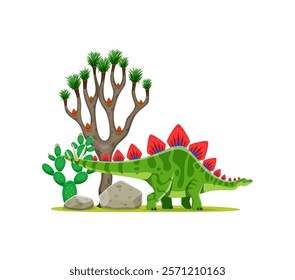 Cartoon prehistoric stegosaurus dinosaur character. Isolated vector dino with row of plates along its back and spiked tail, stands near cacti and desert vegetation. Herbivore of Late Jurassic period