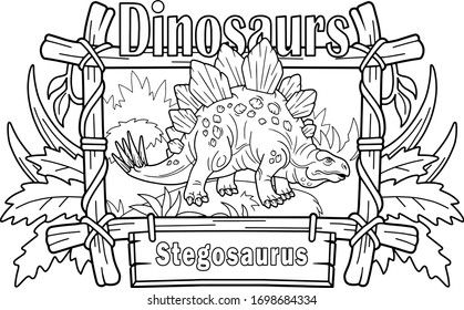 cartoon prehistoric stegosaurus dinosaur, coloring book, funny illustration
