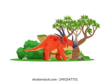 Cartoon prehistoric styracosaurus dinosaur character. Isolated vector triceratops-like dino with red spotted skin and horns, stands at lush Jurassic era landscape with tree, rocks and green bushes