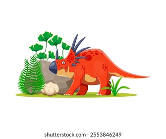 Cartoon prehistoric styracosaurus dinosaur character. Isolated vector triceratops-like dino with red spotted skin and horns, stands at lush Jurassic era landscape with ferns, rocks and green plants