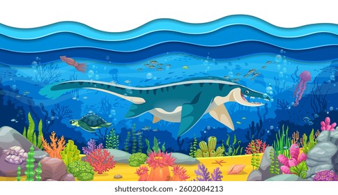 Cartoon prehistoric underwater dinosaur characters banner with reptiles and vector 3d paper cut sea water waves border. Funny mosasaurus and archelon dinosaurs at underwater landscape background