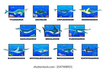 Cartoon prehistoric underwater dinosaurs. Vector set of ancient underwater creatures, with their names. Sea and ocean swimming dino animals in colorful, vibrant scenes with marine plants and corals