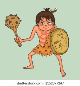 cartoon prehistoric warrior with club and shield, funny vector  illustration of stone age male charcter