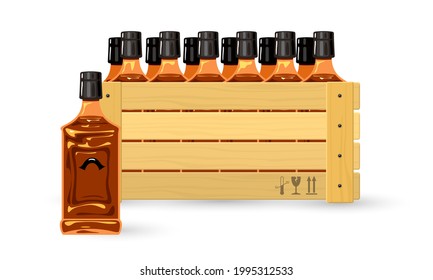 Caricatura de brandy premium para restaurantes y bares. Transporte de alcohol vectorial a tiendas, mercados y clubes nocturnos. Concepto de fabricación y envío de alcohol casero aislado en blanco
