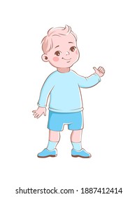 Cartoon preschool boy. Cute blond child character in blue clothes standing and waving hand, cheerful elementary school student, kindergarten pupil flat vector isolated on white background illustration