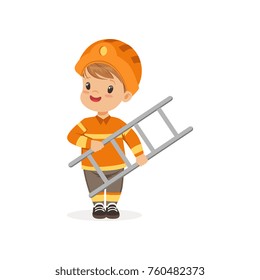 Cartoon preschool boy standing isolated on white and holding ladder in hands. Flat vector kid character dressed as firefighter. Career day concept