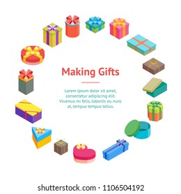 Cartoon Present Boxes Banner Card Circle Packaging Holiday Gift Concept Flat Design Style. Vector illustration of Giftbox